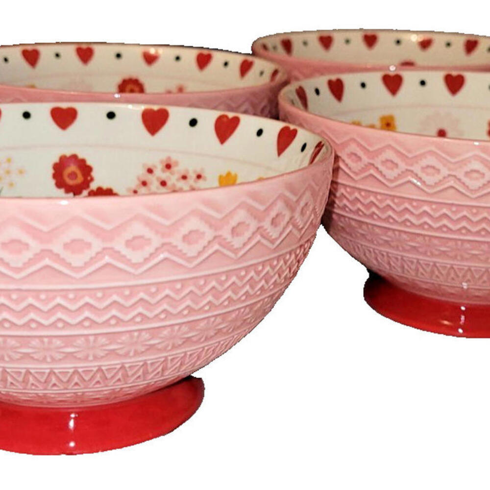 Potter’s Studio Pink Heart Footed Bowls Set of 4 • 5.25" Valentine Floral - Picture 2 of 3